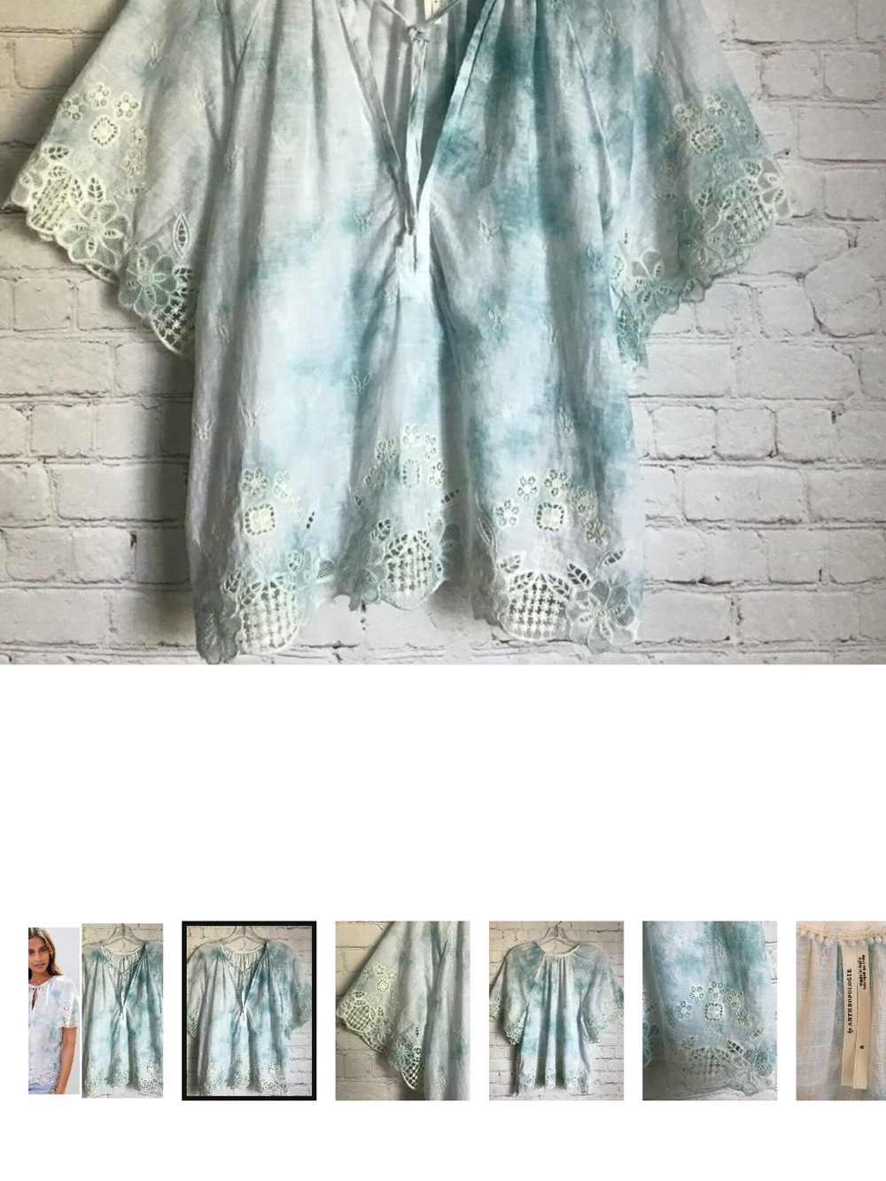 Anthropology Light Blue Embroidered Lace-Hem Women's top